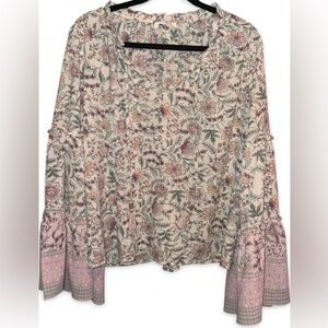 Lovestitch Boho Flowy Floral Paisley Blouse Top w Large Bell Sleeves V-Neck Tie